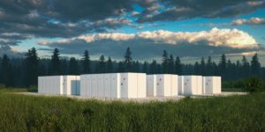 Eco friendly battery energy storage system in nature with misty forest in background and fresh grassland in foreground. 3d rendering.